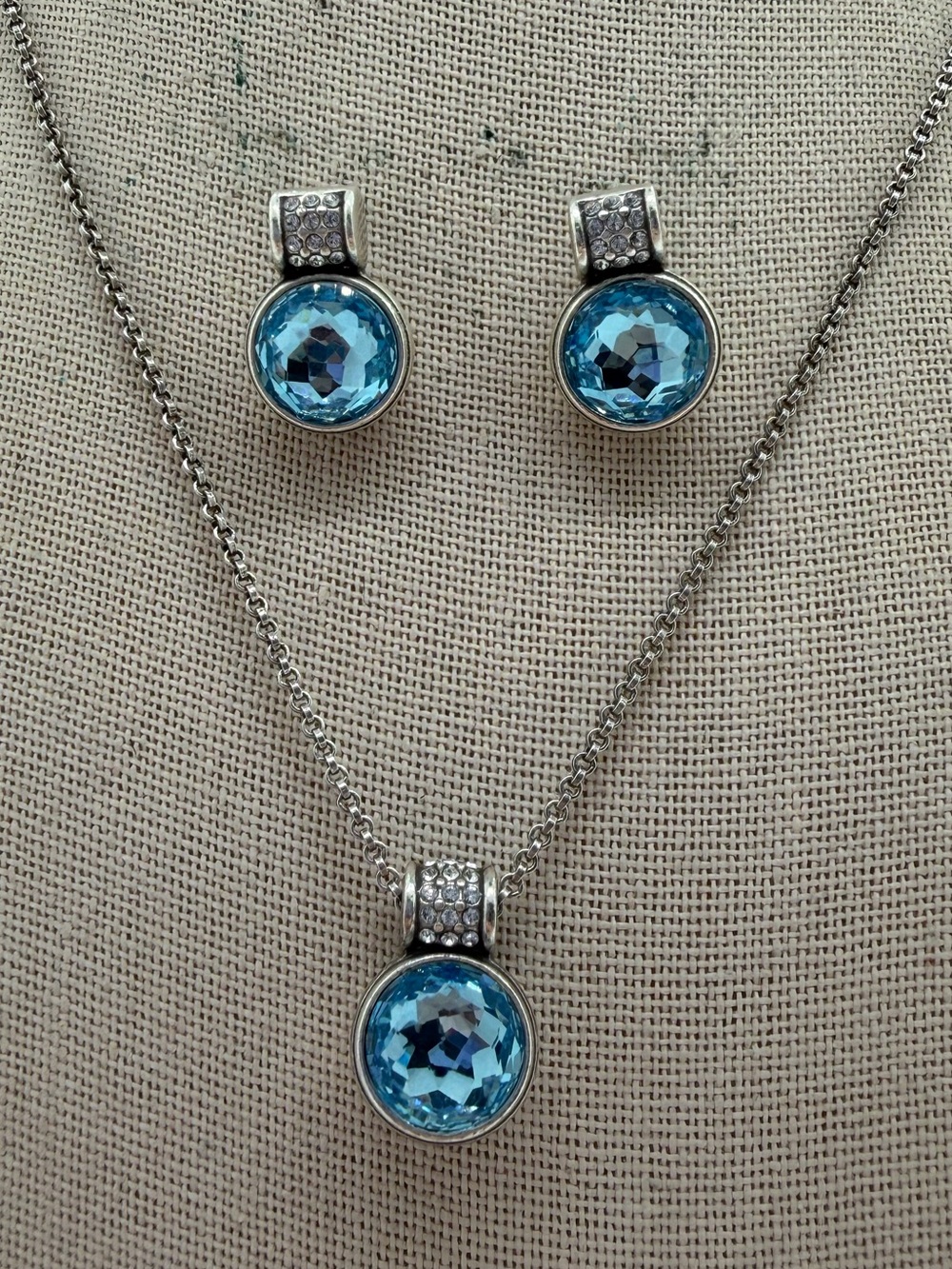 Vintage Brighton silver tone blue crystal necklace and earrings set